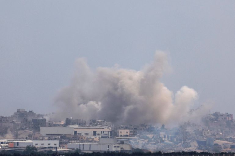 epa11374707 Smoke rises following an Israeli airstrike on the Gaza Strip, as seen from an undisclosed location in southern Israel, 28 May 2024. More than 36,000 Palestinians and over 1,400 Israelis have been killed, according to the Palestinian Health Ministry and the Israel Defense Forces (IDF), since Hamas militants launched an attack against Israel from the Gaza Strip on 07 October 2023, and the Israeli operations in Gaza and the West Bank which followed it. EPA-EFE/ATEF SAFADI