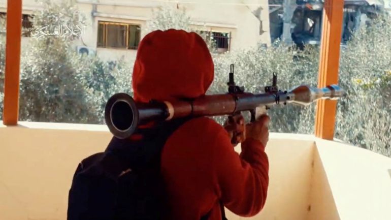 A Hamas fighter aims an RPG, amid the ongoing conflict between Israel and the Palestinian Islamist group Hamas, in Gaza City, Gaza, in this still image taken from video released January 31, 2024. Hamas Military Wing/Handout via REUTERS THIS IMAGE HAS BEEN SUPPLIED BY A THIRD PARTY. NO RESALES. NO ARCHIVES. MANDATORY CREDIT