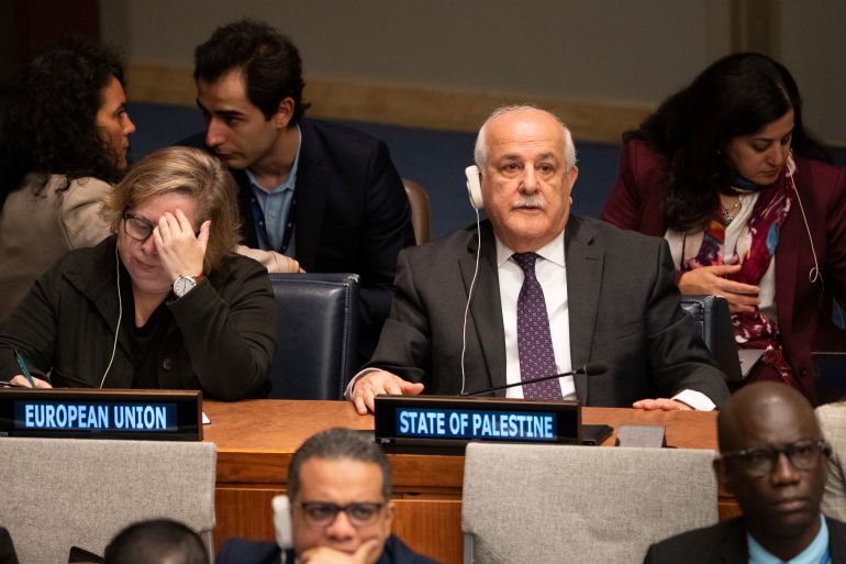 a man sits in front of a placard that says state of Palestine