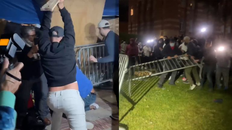 pro-Israel aggressor attacks anti-war protester at UCLA with a wood plank.